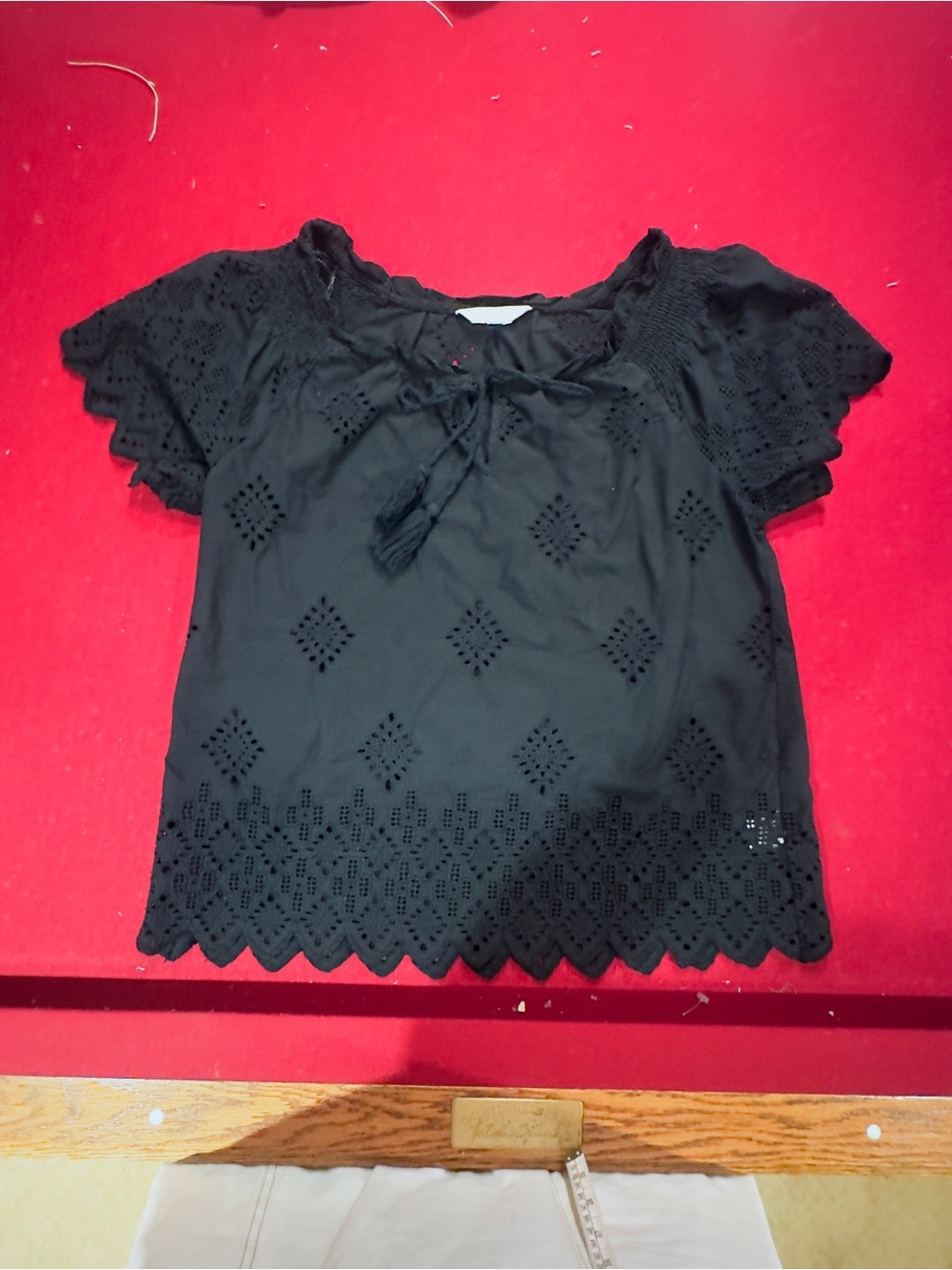 Adiva Black Eyelet Short-Sleeve Blouse with Tie Neck - Cotton!